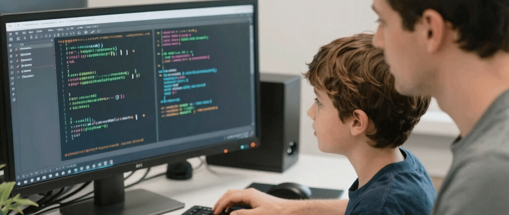 A young boy and teacher learning computer programming together on a desktop monitor with code.