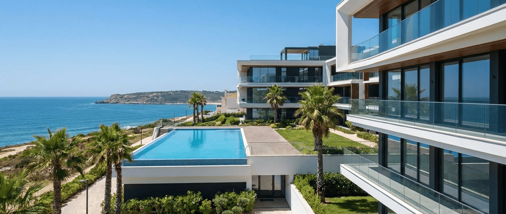 Interior de um apartamento de luxo na Pederneira, Nazaré, com design moderno e vista para o mar — Ex