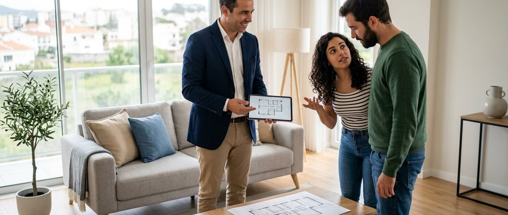 Consultor imobiliário a apresentar um apartamento moderno a um casal na Marinha Grande em 2026.