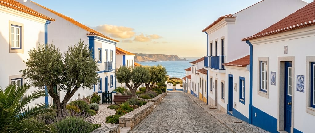 Rua costeira tranquila numa vila da Costa de Prata com casas brancas e vista de mar