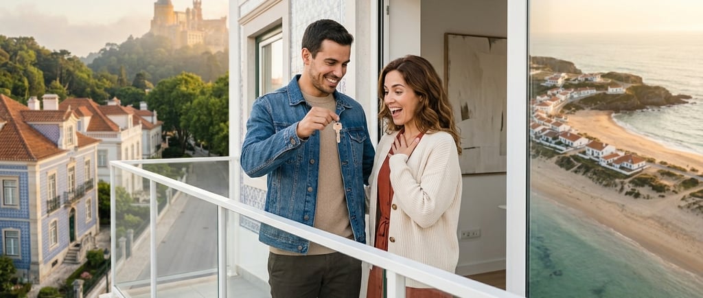 Casal jovem com chaves da primeira casa — IMT Jovem isenção 2026 Portugal