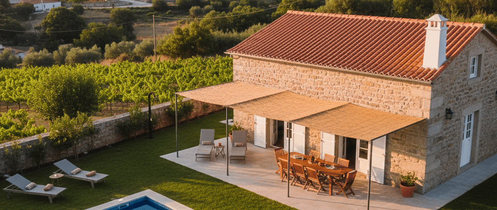 Moradia moderna com piscina e vista para o Mosteiro de Alcobaça ao pôr-do-sol