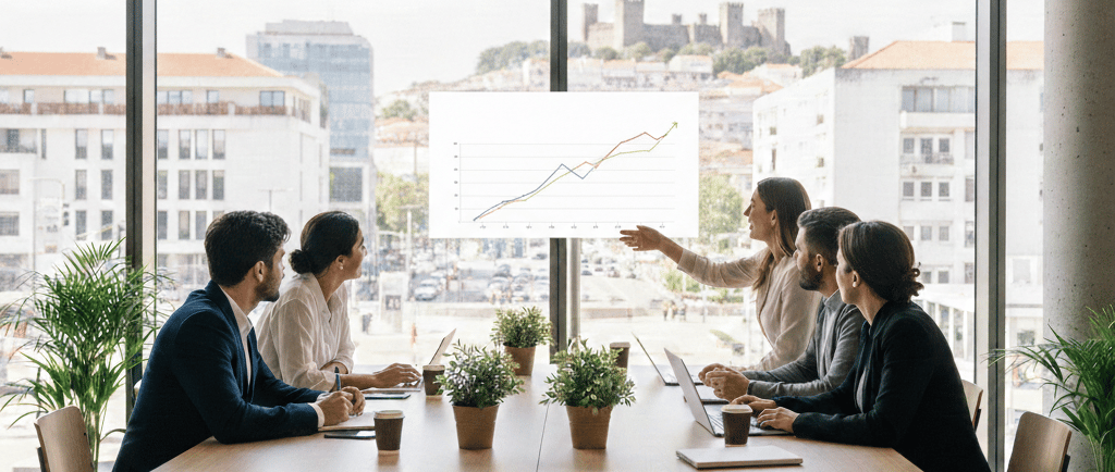 Equipa de consultoria imobiliária analisa gráfico de crescimento e rentabilidade num escritório mode