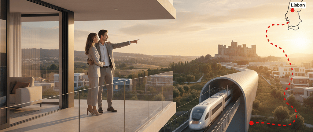 Vista aérea conceptual da nova estação de alta velocidade em Leiria com o Castelo ao fundo, simboliz