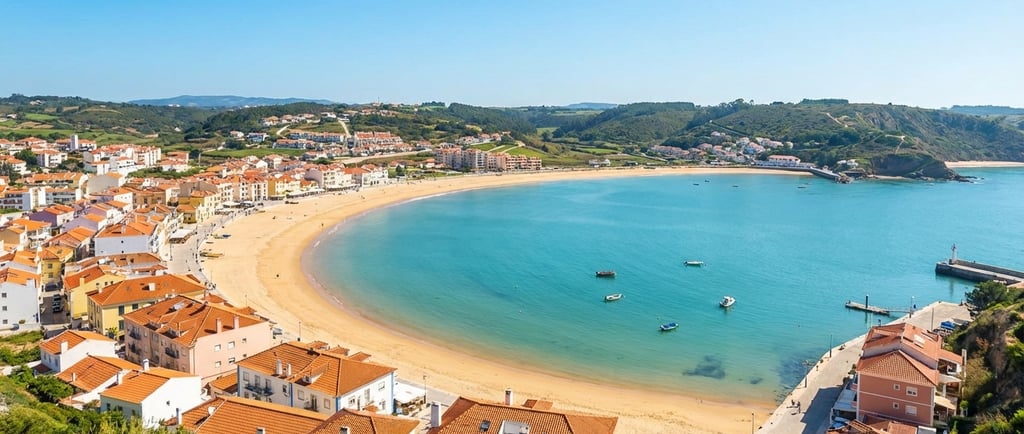 Vista panorâmica da baía de São Martinho do Porto, Costa de Prata, num dia de sol.