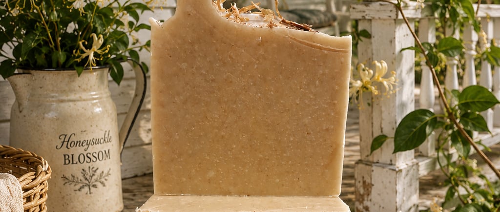Handmade honeysuckle blossom artisan soap bars stacked on a rustic farmhouse porch.