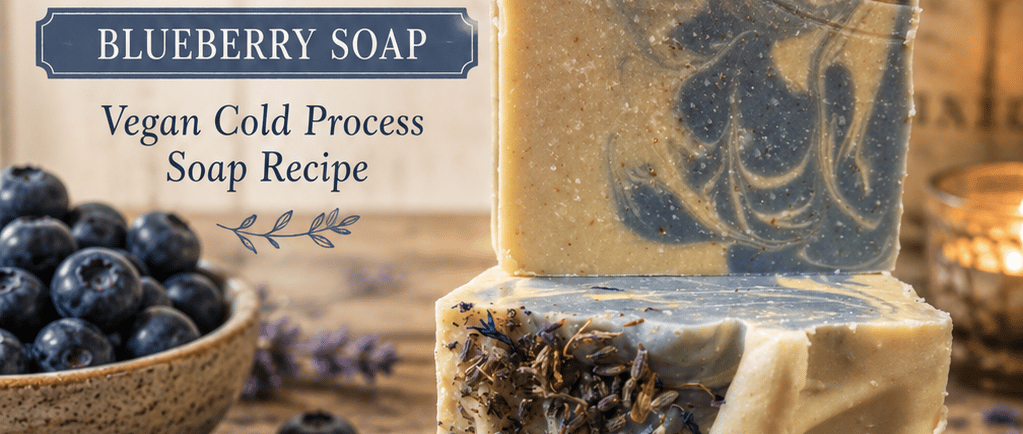 Stacked bars of handmade blueberry vegan cold process soap with dried lavender and fresh blueberries.