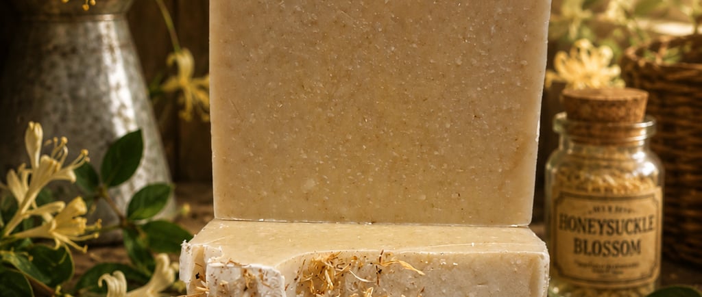 Handmade honeysuckle blossom soap bars stacked in a rustic wooden soap shed with yellow flowers.