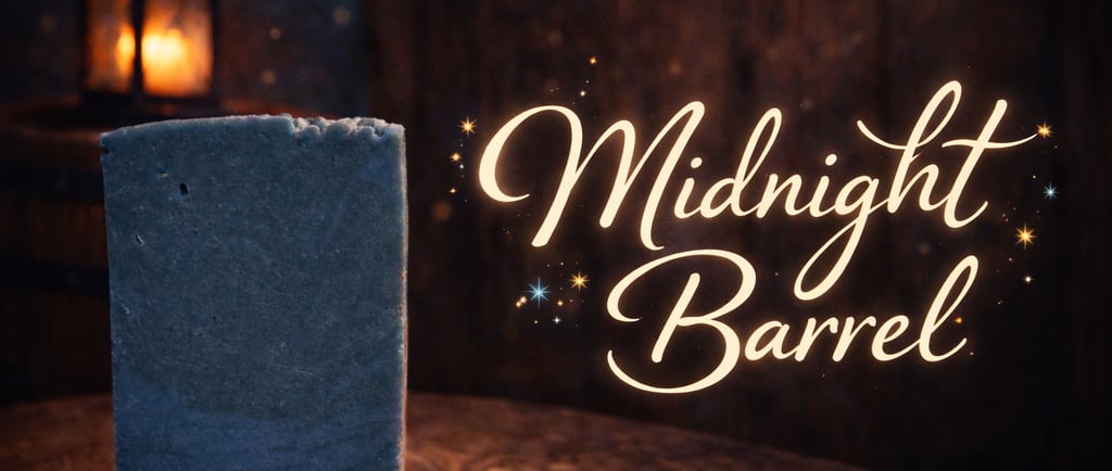 Handmade Midnight Barrel artisan soap bar on a rustic wooden table with a lantern background.