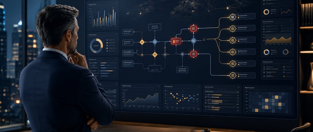 A businessman analyzing a complex digital data dashboard with global analytics and flowcharts on a large screen.