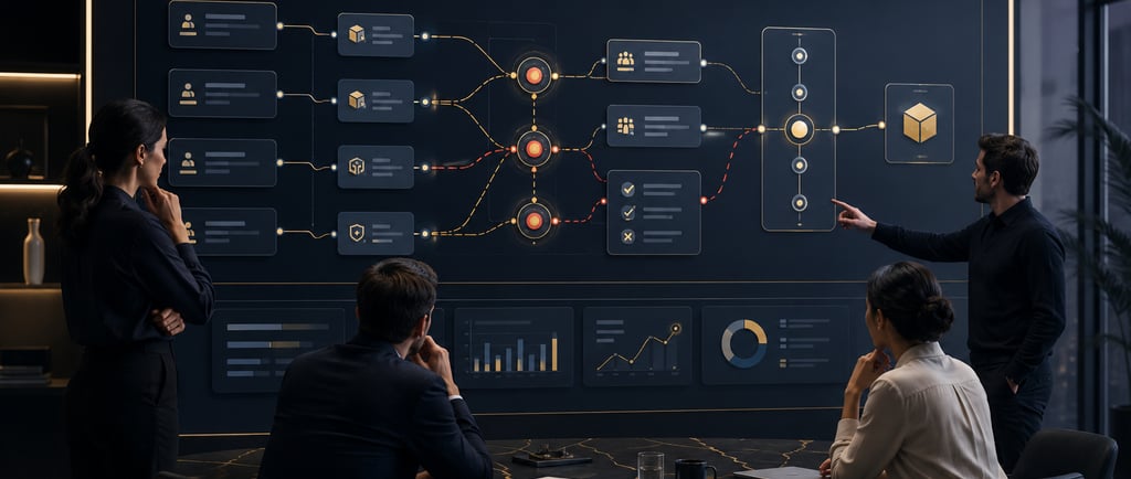 Business team analyzing a digital data workflow and logic flowchart on a large screen in a boardroom.