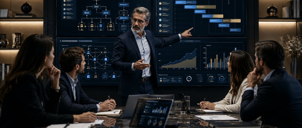 Business leader presenting data analytics and project management charts to a team in a modern boardroom.