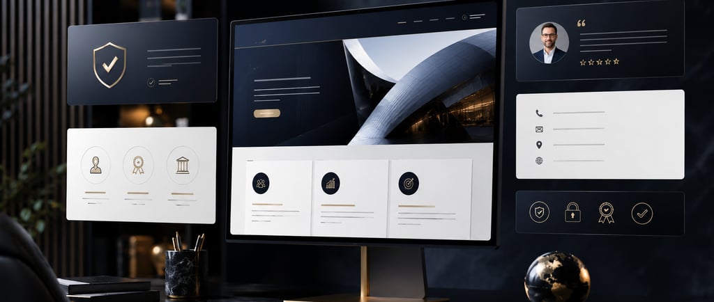 Professional website design interface displayed on a computer monitor with floating UI elements for business web development.