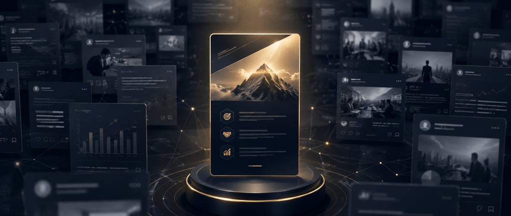Digital marketing dashboard showing social media metrics and a glowing mountain graphic on a pedestal.