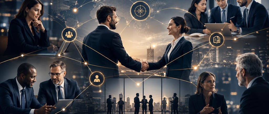 Global business professionals networking and shaking hands with digital connection overlays.