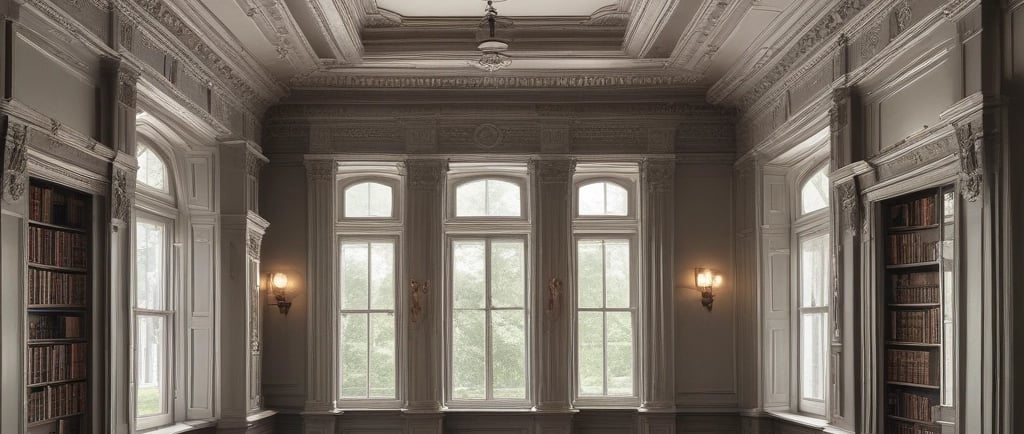 a room with a large window and a ceiling fan