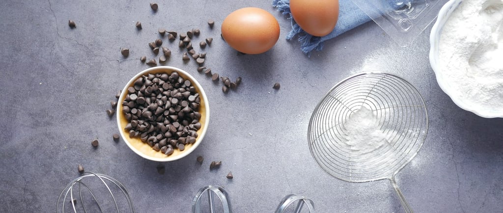 a table with eggs, eggs, and chocolate chips