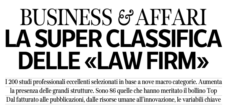 Business & Affari headline presenting the ranking of the top 200 Italian law firms based on performance.