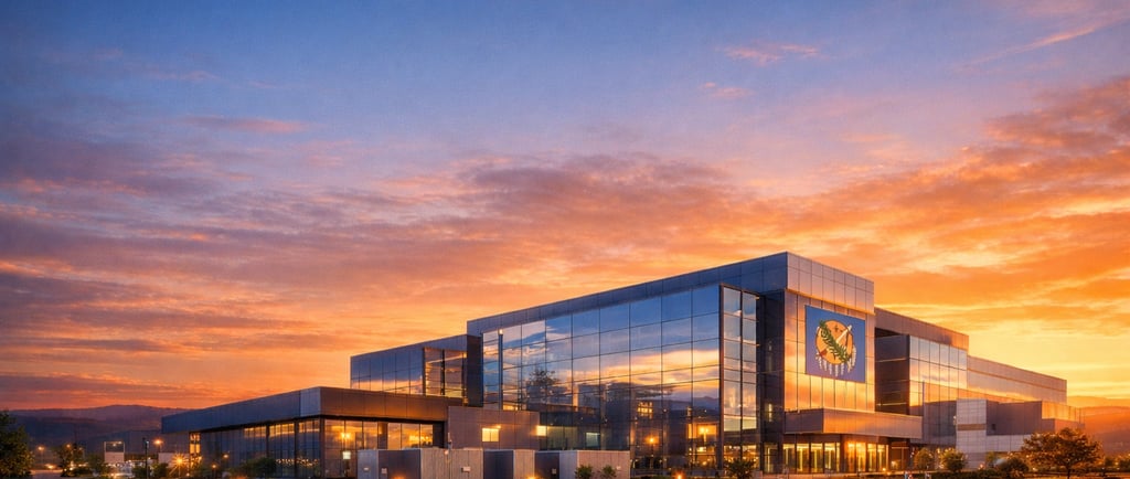 Modern glass office building reflecting a vibrant orange sunset over a corporate business park landscape.
