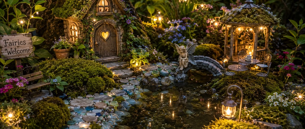 Magical miniature fairy garden with a mossy cottage, pond, stone path, and glowing fairy lights.