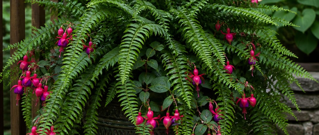 Vibrant pink fuchsia flowers and lush green Boston ferns in a ceramic planter on a wooden deck.