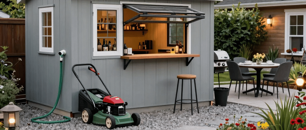 A cozy backyard garden shed with warm lighting, gravel path, and outdoor patio dining area.