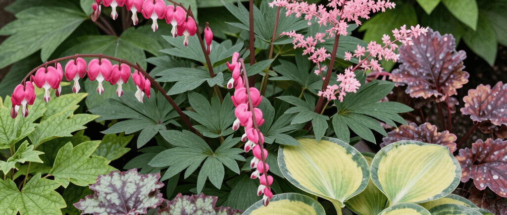Delicate pink flowers bloom on a tall stem.