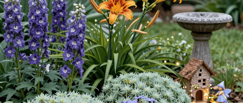 a field full of colorful flowers and rocks