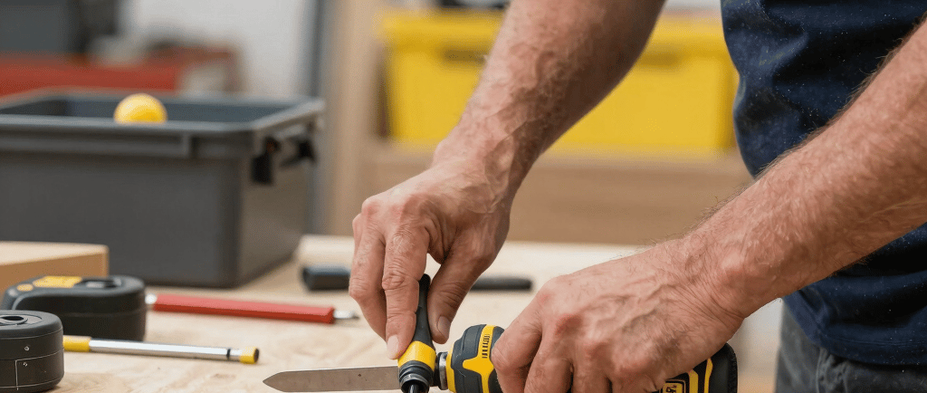 A friendly handyman fixing a wooden fence in a sunny UK garden.