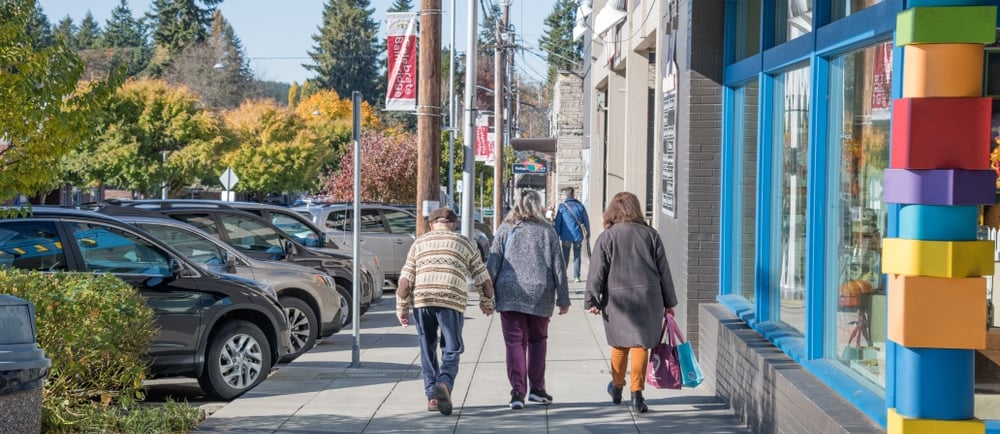 People walking downtown Winslow on Bainbridge Island 