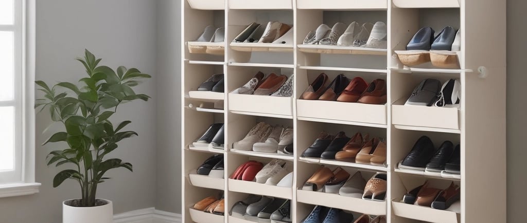 white and blue shoes in rack inside room