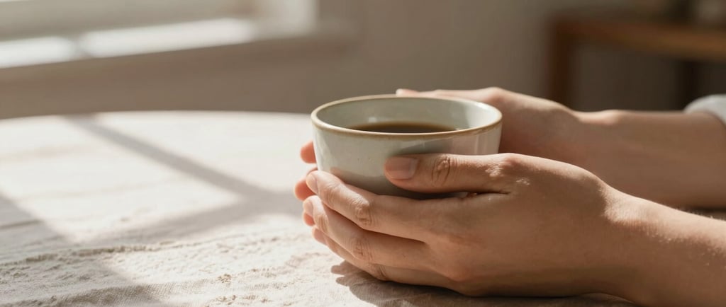 manos sosteniendo una taza de cafe de ceramica sobre una mesa blanca y luz de la ventana clara