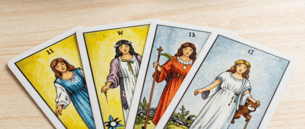 cartas de tarot con arquetipos femeninos sobre mesa de madera clara