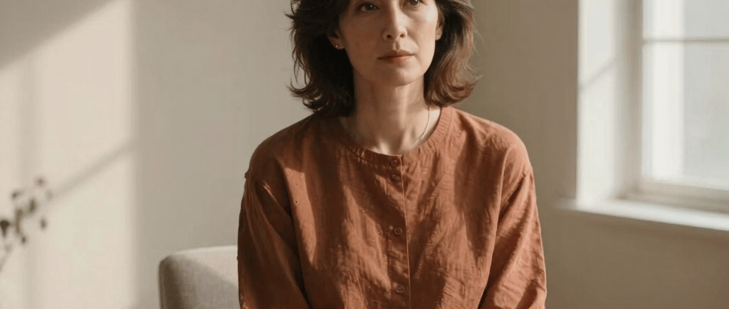 una mujer de mediana edad con un sueter cafe y mirada de cansancio