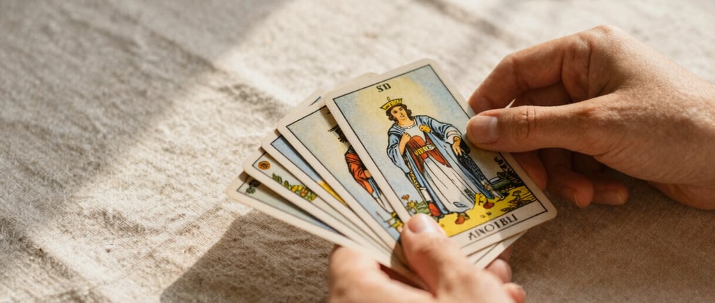 Manos sosteniendo cartas de tarot con la reina de espadas para una lectura espritual