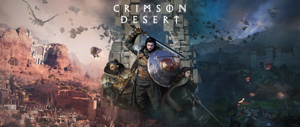 Crimson Desert game art featuring main characters, a warrior with sword and shield, and open world fantasy landscapes.