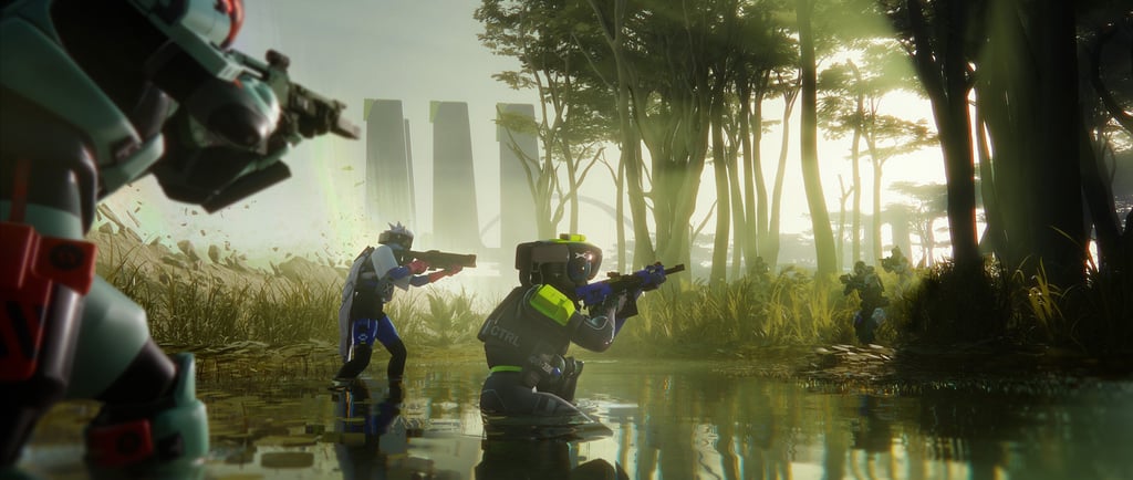 Futuristic soldiers in tactical gear engage in a swamp battle with glowing sci-fi environments.