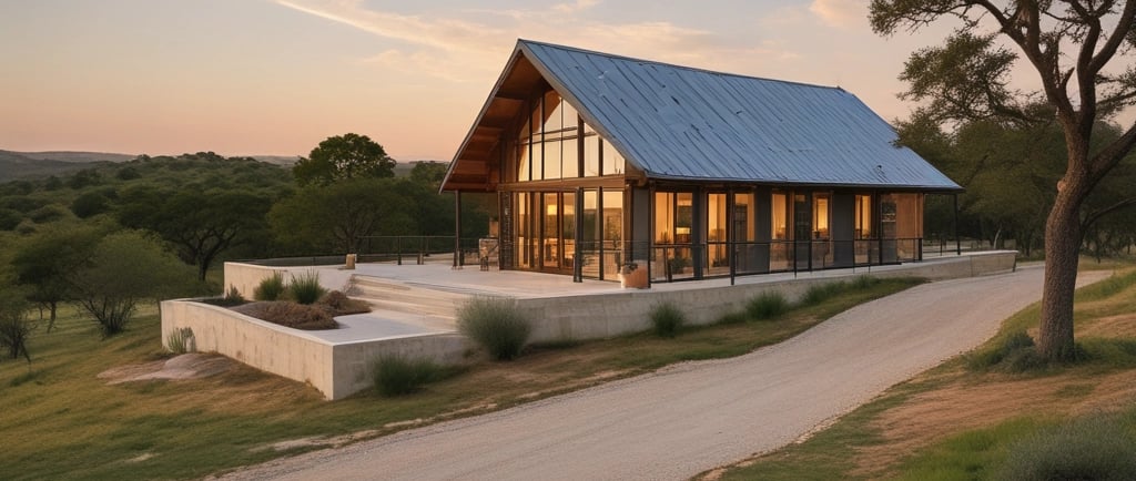 Barndominium with metal roof at sunset in Texas Hill Country with oak trees and gravel driveway