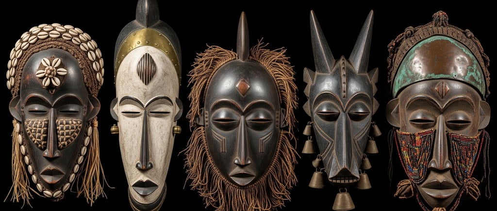 Conjunto de cinco máscaras tribais africanas tradicionais com conchas, miçangas e madeira