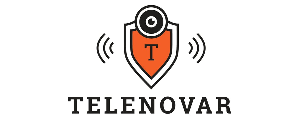 Telenovar security logo featuring an orange shield with a camera lens and signal waves.