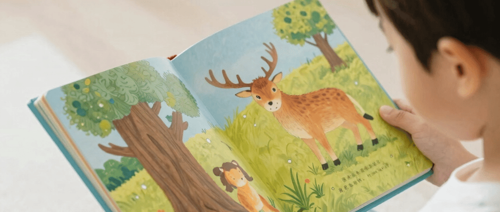 a child holding a book open reading a story picture book