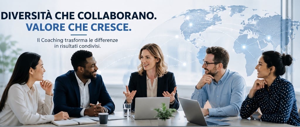 Diverse business team collaborating in a meeting for corporate coaching and global growth.