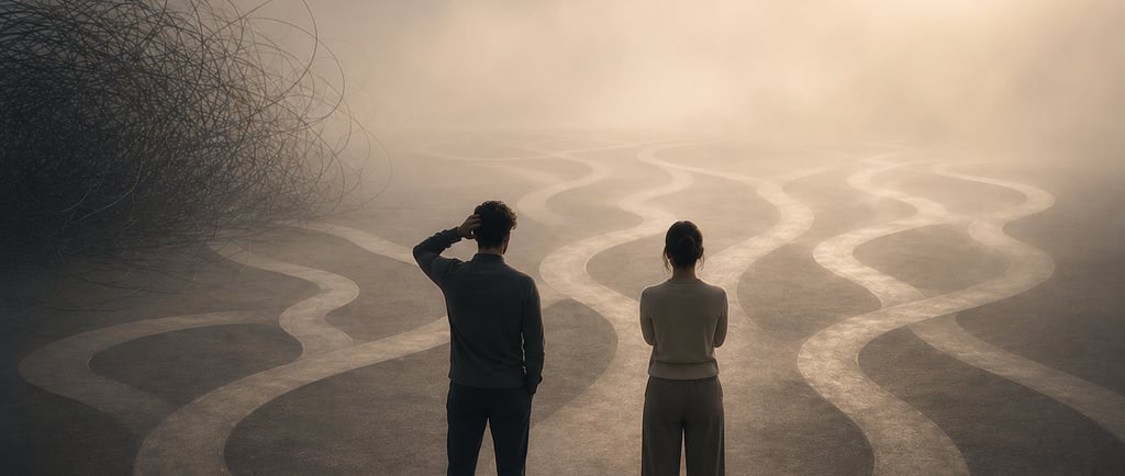 A couple facing multiple paths in a foggy landscape, symbolizing life choices and decision making.