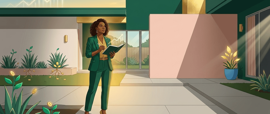 Confident woman of color reviewing finances with symbols of wealth growth and financial freedom in t