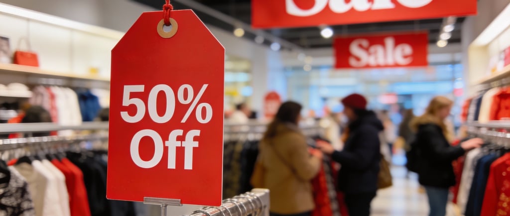Boxing Day retail store display with discount signage and shoppers browsing sale items