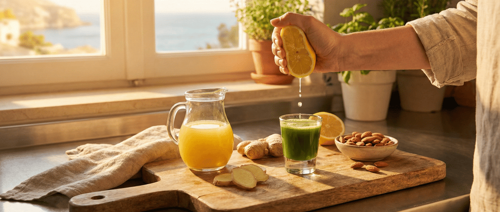 Hand squeezing a fresh lemon into a green wellness shot on a wooden board with ginger and almonds.