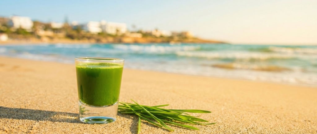 A fresh green wheatgrass shot in a glass sitting on a sandy beach by the ocean.