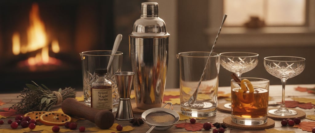 Verres et accessoires pour préparer des cocktails dans une ambiance automnale