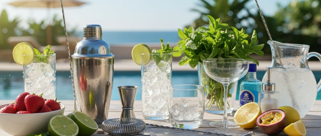 Verres et accessoires pour préparer des cocktails d'été à base de menthe et de fruits de saison