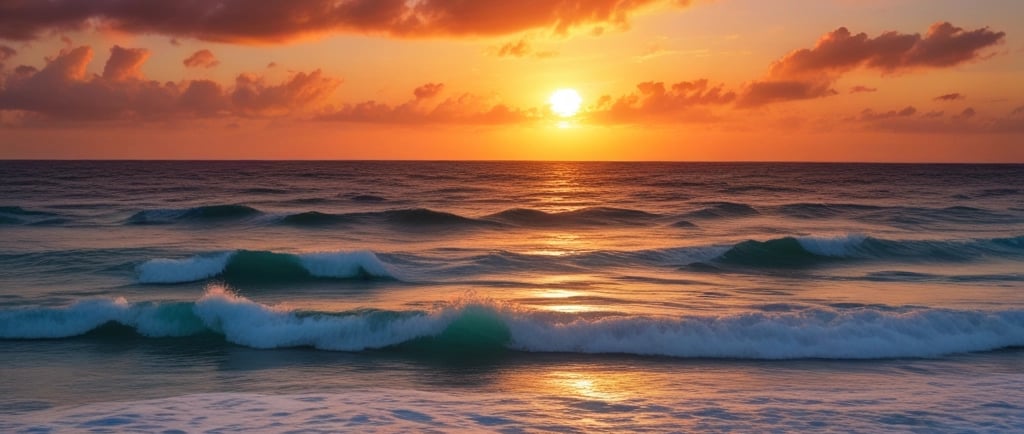 A serene sunrise over a calm beach with soft golden light reflecting on gentle waves.